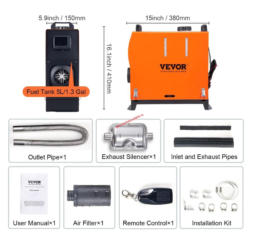 Naftové nezávislé topení 12V Vevor s Bluetooth 5kW